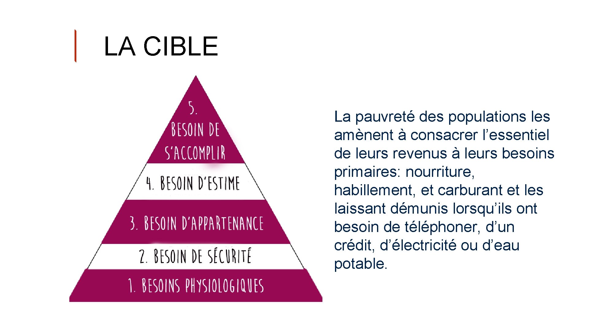 LA CIBLE La pauvreté des populations les amènent à consacrer l’essentiel de leurs revenus
