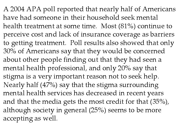 A 2004 APA poll reported that nearly half of Americans have had someone in