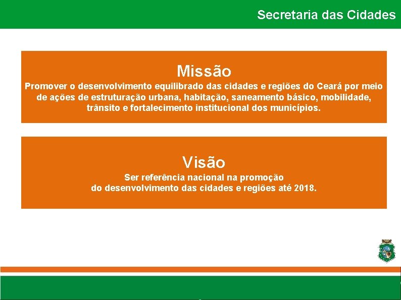 Secretaria das Cidades Missão Promover o desenvolvimento equilibrado das cidades e regiões do Ceará