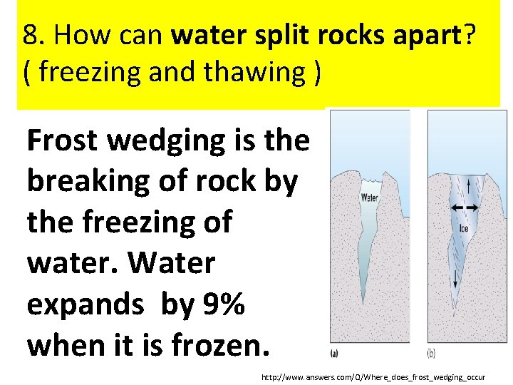  8. How can water split rocks apart? ( freezing and thawing ) Frost