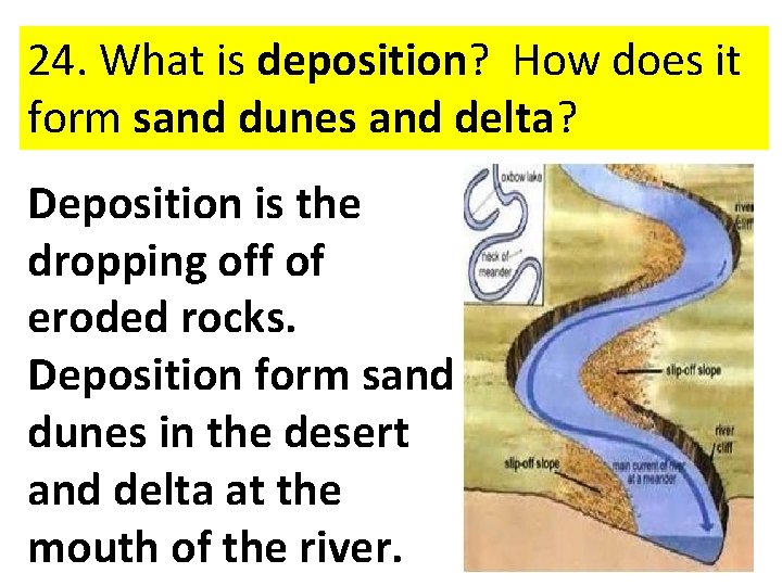 24. What is deposition? How does it form sand dunes and delta? Deposition is