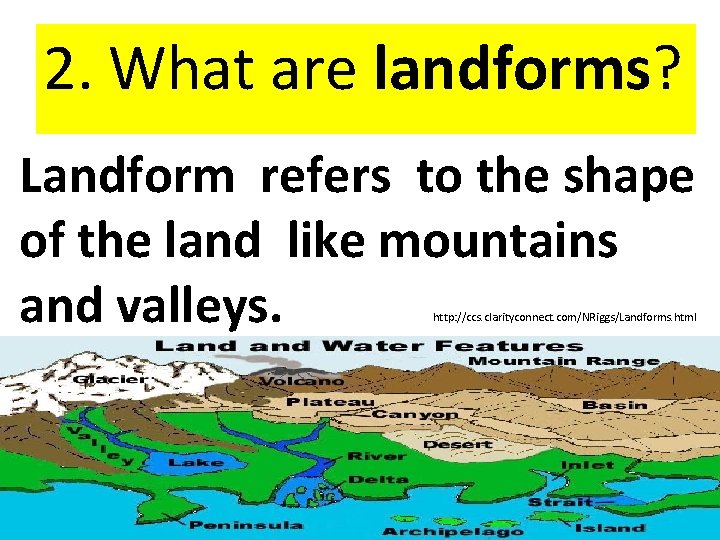 2. What are landforms? Landform refers to the shape of the land like mountains