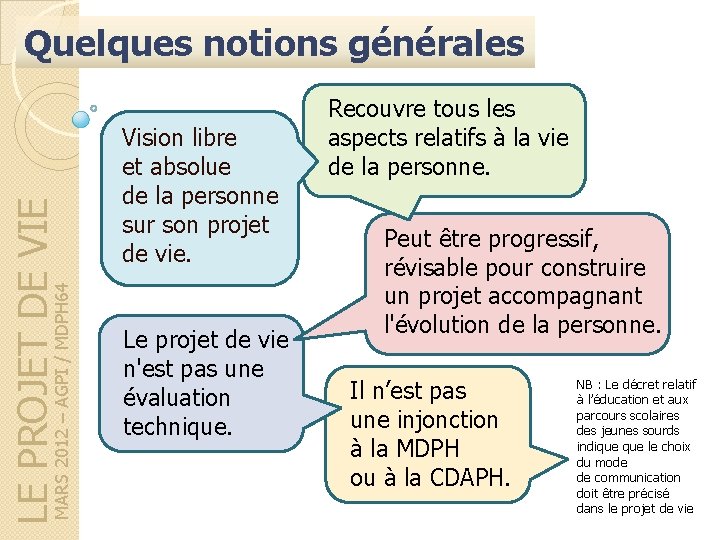 MARS 2012 – AGPI / MDPH 64 LE PROJET DE VIE Quelques notions générales MARS 2012 – AGPI / MDPH 64 LE PROJET DE VIE Quelques notions générales