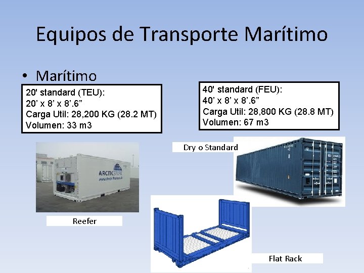 Equipos de Transporte Marítimo • Marítimo 20' standard (TEU): 20’ x 8’. 6” Carga