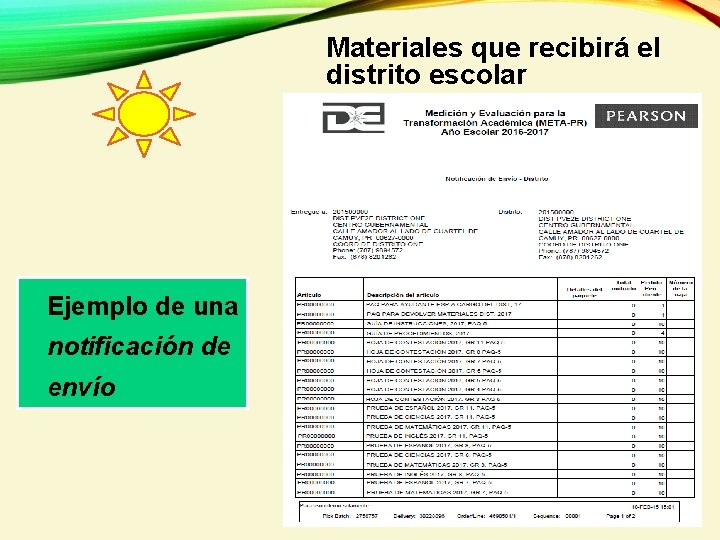 Materiales que recibirá el distrito escolar Ejemplo de una notificación de envío 