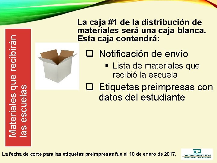 Materiales que recibirán las escuelas La caja #1 de la distribución de materiales será Materiales que recibirán las escuelas La caja #1 de la distribución de materiales será
