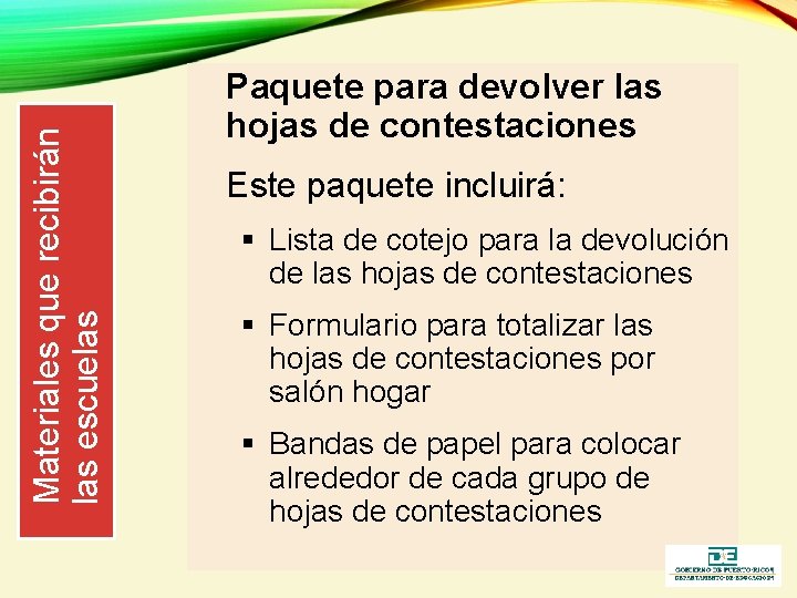 Materiales que recibirán las escuelas Paquete para devolver las hojas de contestaciones Este paquete