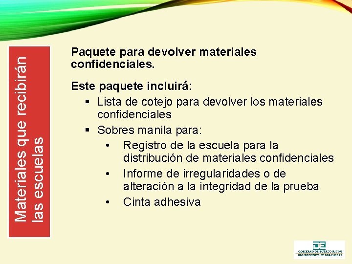 Materiales que recibirán las escuelas Paquete para devolver materiales confidenciales. Este paquete incluirá: § Materiales que recibirán las escuelas Paquete para devolver materiales confidenciales. Este paquete incluirá: §
