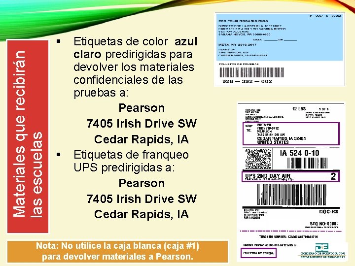 Materiales que recibirán las escuelas § § Etiquetas de color azul claro predirigidas para