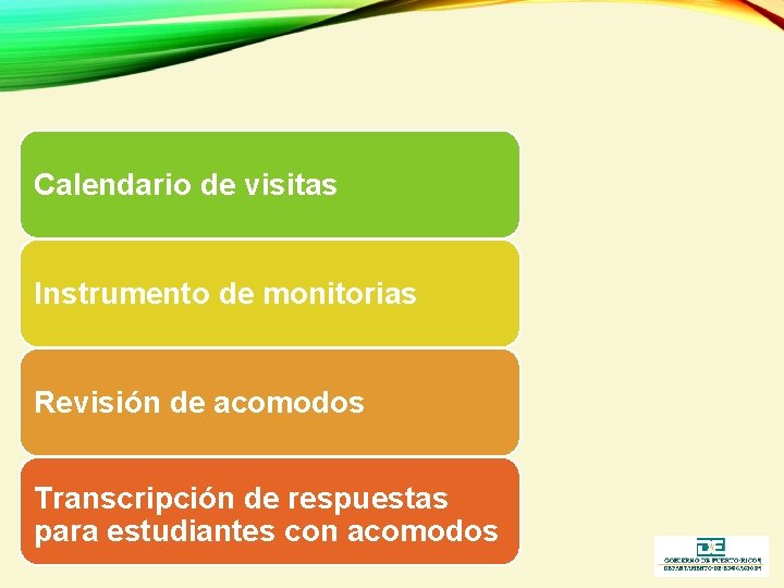 Calendario de visitas Instrumento de monitorias Revisión de acomodos Transcripción de respuestas para estudiantes Calendario de visitas Instrumento de monitorias Revisión de acomodos Transcripción de respuestas para estudiantes