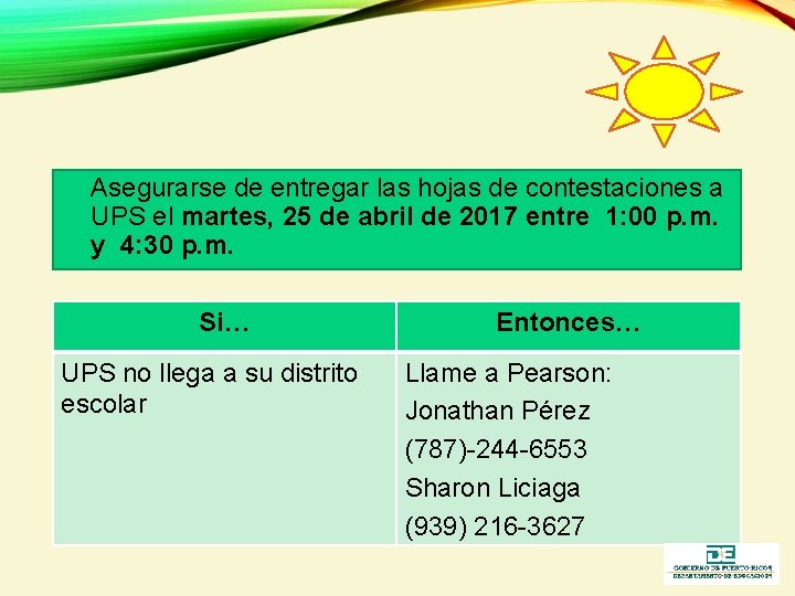 Asegurarse de entregar las hojas de contestaciones a UPS el martes, 25 de abril Asegurarse de entregar las hojas de contestaciones a UPS el martes, 25 de abril