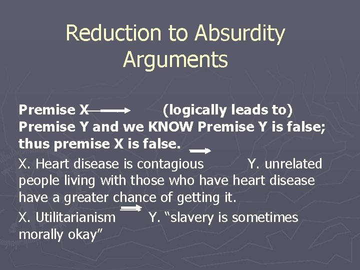 Reduction to Absurdity Arguments Premise X (logically leads to) Premise Y and we KNOW