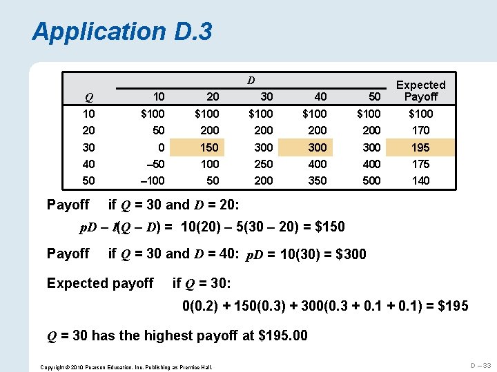 Application D. 3 D Expected Payoff Q 10 20 30 40 50 10 $100