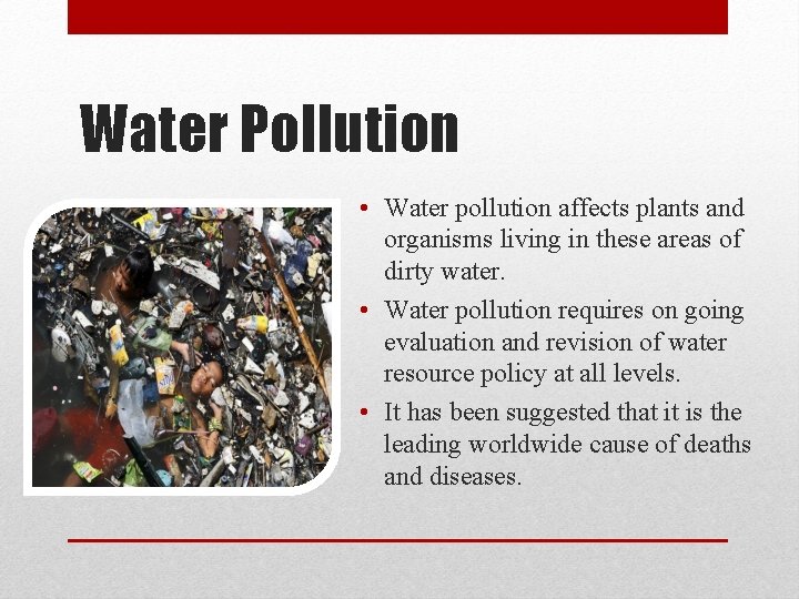 Water Pollution • Water pollution affects plants and organisms living in these areas of Water Pollution • Water pollution affects plants and organisms living in these areas of