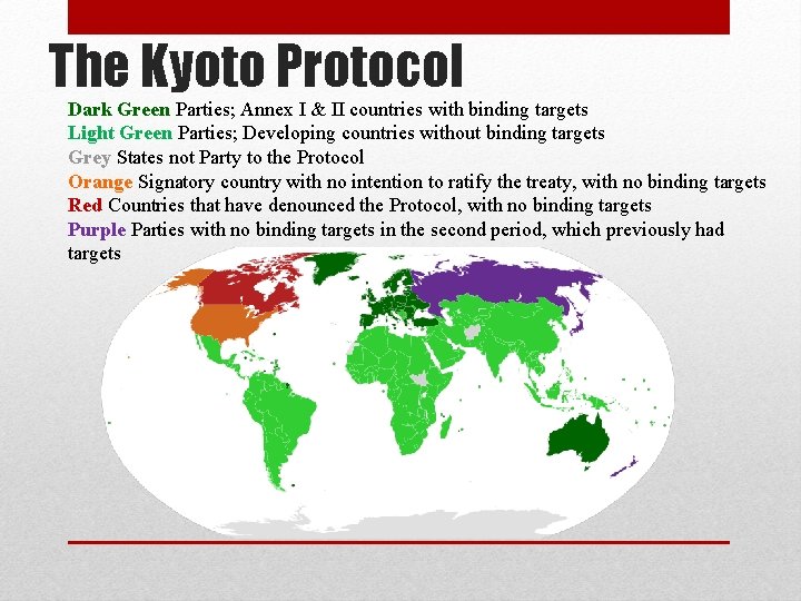 The Kyoto Protocol Dark Green Parties; Annex I & II countries with binding targets The Kyoto Protocol Dark Green Parties; Annex I & II countries with binding targets