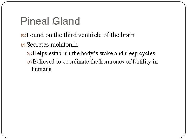 Pineal Gland Found on the third ventricle of the brain Secretes melatonin Helps establish