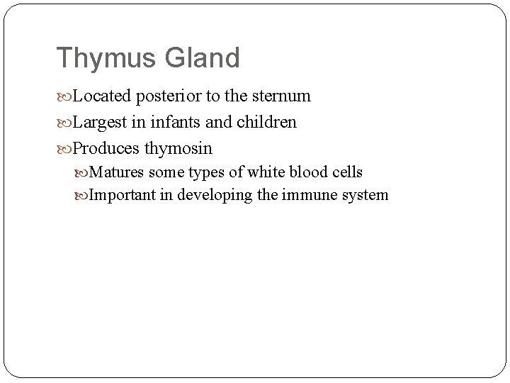Thymus Gland Located posterior to the sternum Largest in infants and children Produces thymosin