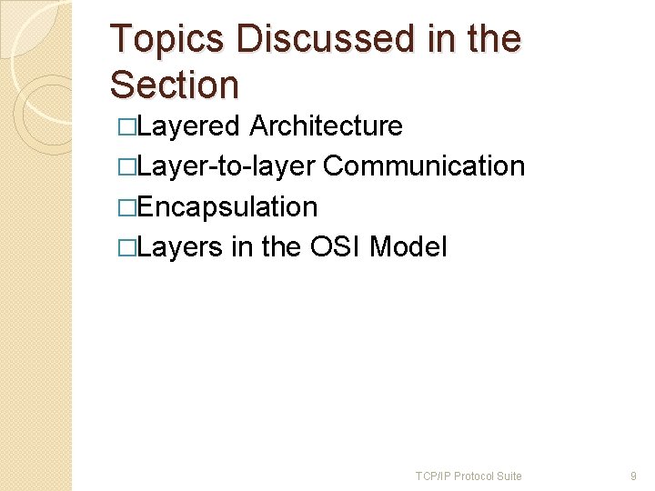 Topics Discussed in the Section �Layered Architecture �Layer-to-layer Communication �Encapsulation �Layers in the OSI