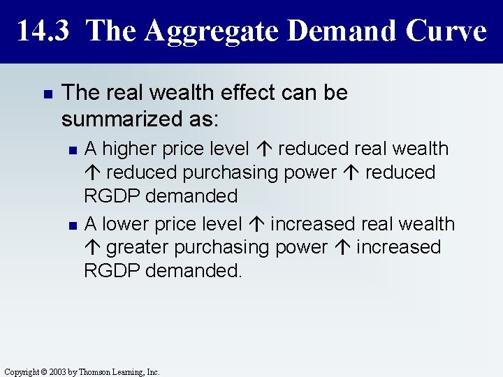 14. 3 The Aggregate Demand Curve n The real wealth effect can be summarized