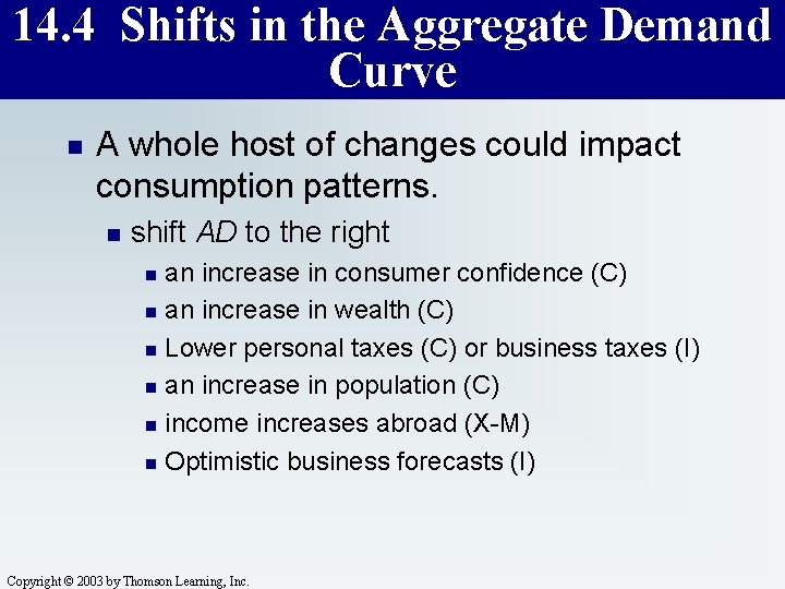 14. 4 Shifts in the Aggregate Demand Curve n A whole host of changes