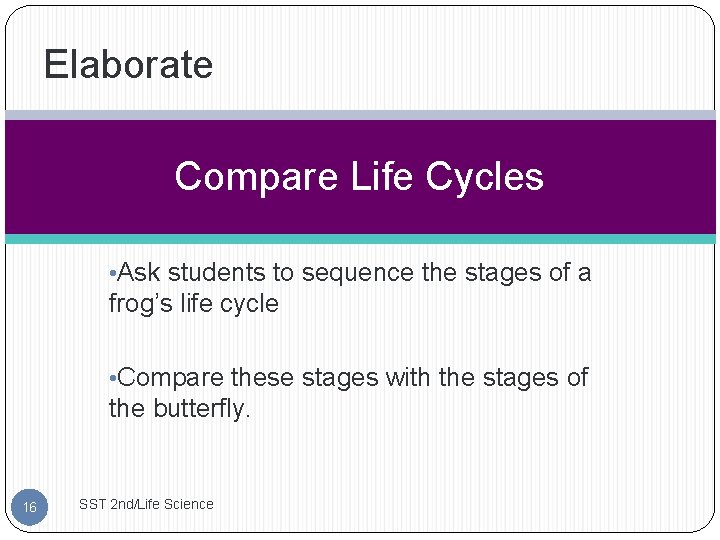 Elaborate Compare Life Cycles • Ask students to sequence the stages of a frog’s