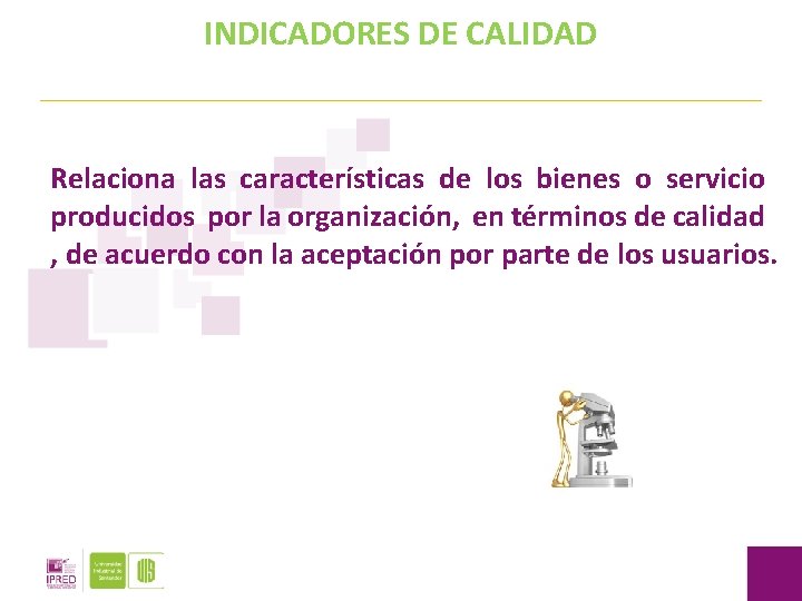 INDICADORES DE CALIDAD Relaciona las características de los bienes o servicio producidos por la