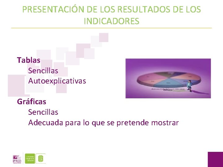 PRESENTACIÓN DE LOS RESULTADOS DE LOS INDICADORES Tablas Sencillas Autoexplicativas Gráficas Sencillas Adecuada para