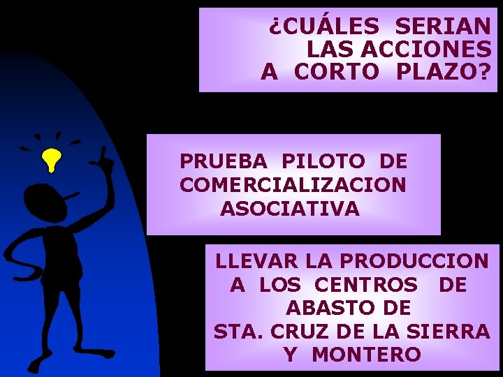 ¿CUÁLES SERIAN LAS ACCIONES A CORTO PLAZO? PRUEBA PILOTO DE COMERCIALIZACION ASOCIATIVA LLEVAR LA