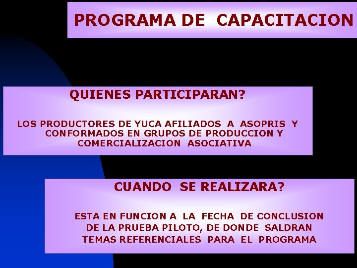 PROGRAMA DE CAPACITACION QUIENES PARTICIPARAN? LOS PRODUCTORES DE YUCA AFILIADOS A ASOPRIS Y CONFORMADOS