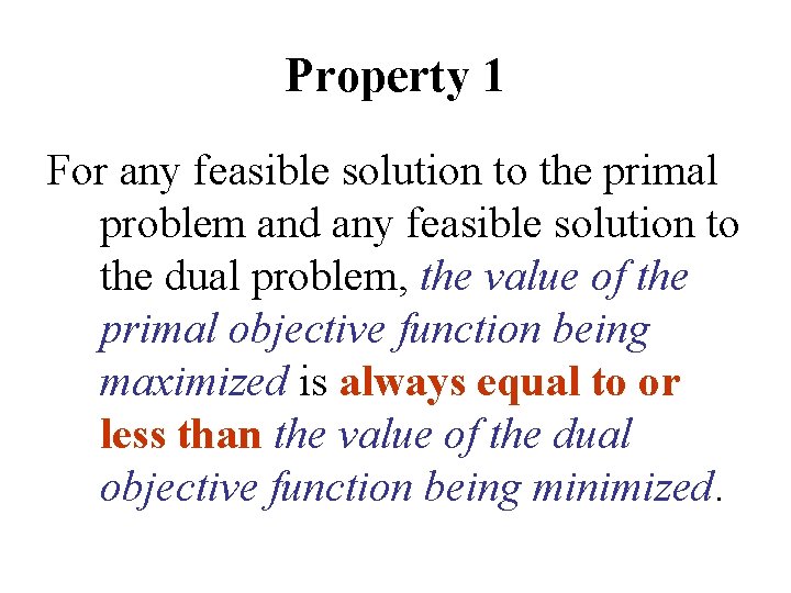 Property 1 For any feasible solution to the primal problem and any feasible solution