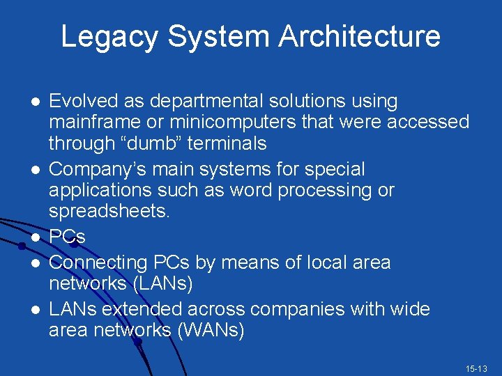 Legacy System Architecture l l l Evolved as departmental solutions using mainframe or minicomputers