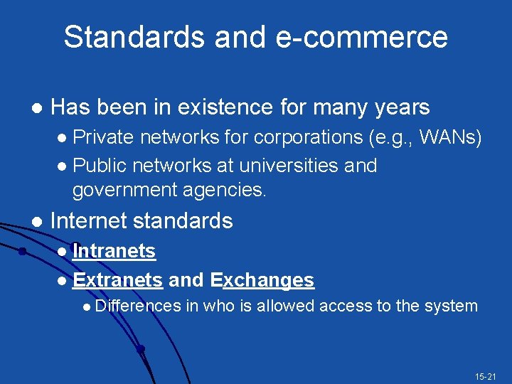 Standards and e-commerce l Has been in existence for many years Private networks for