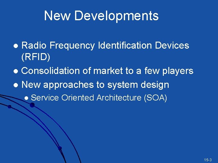 New Developments Radio Frequency Identification Devices (RFID) l Consolidation of market to a few