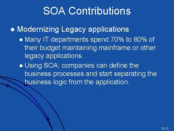 SOA Contributions l Modernizing Legacy applications Many IT departments spend 70% to 80% of