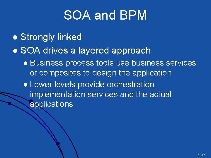 SOA and BPM Strongly linked l SOA drives a layered approach l Business process