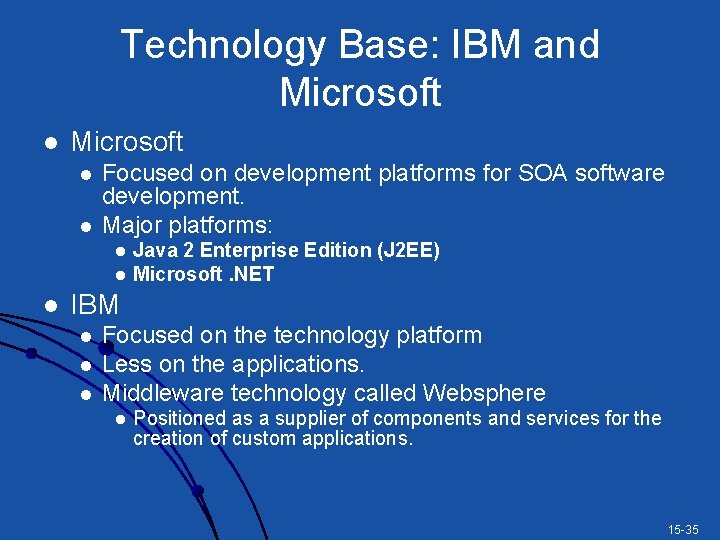 Technology Base: IBM and Microsoft l l Focused on development platforms for SOA software