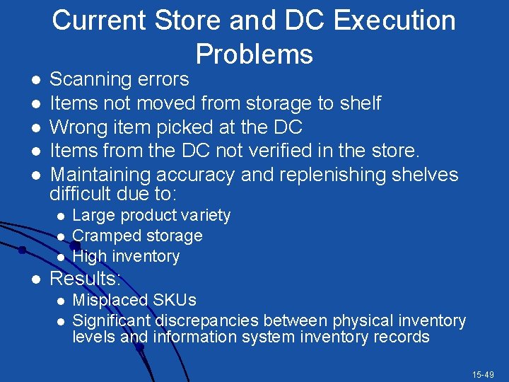 Current Store and DC Execution Problems l l l Scanning errors Items not moved