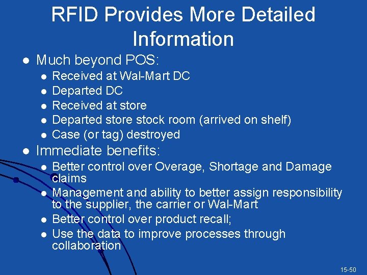 RFID Provides More Detailed Information l Much beyond POS: l l l Received at