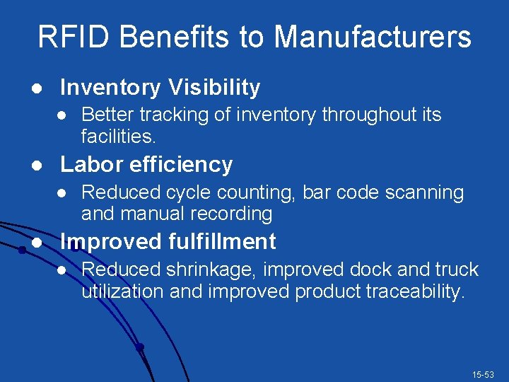 RFID Benefits to Manufacturers l Inventory Visibility l l Labor efficiency l l Better