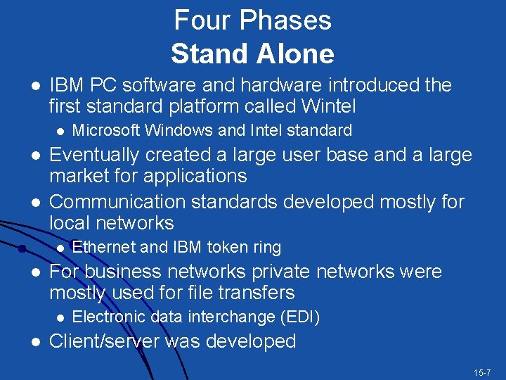 Four Phases Stand Alone l IBM PC software and hardware introduced the first standard