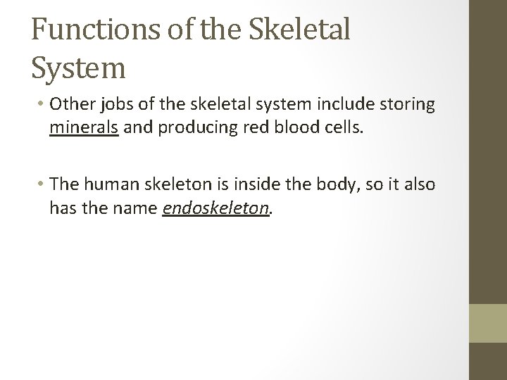 Functions of the Skeletal System • Other jobs of the skeletal system include storing