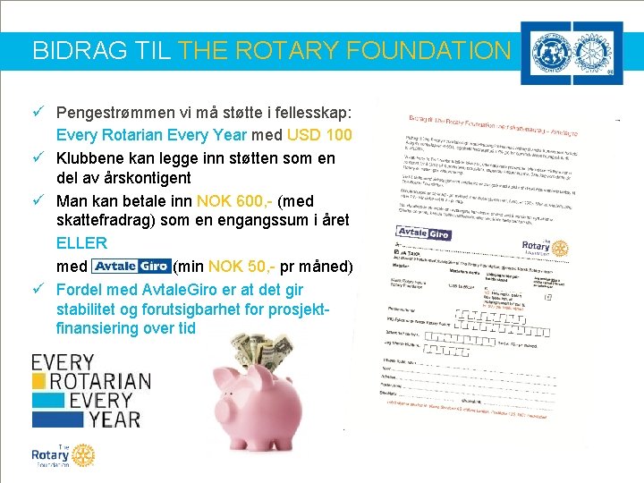 BIDRAG TIL THE ROTARY FOUNDATION ü Pengestrømmen vi må støtte i fellesskap: Every Rotarian