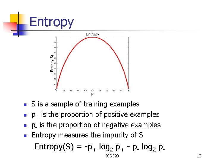 Entropy n n S is a sample of training examples p+ is the proportion