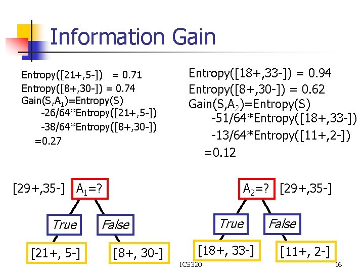 Information Gain Entropy([21+, 5 -]) = 0. 71 Entropy([8+, 30 -]) = 0. 74