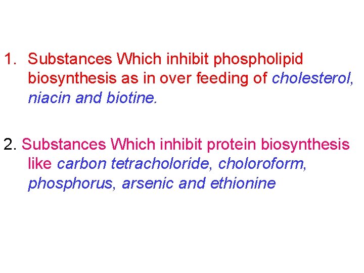 1. Substances Which inhibit phospholipid biosynthesis as in over feeding of cholesterol, niacin and