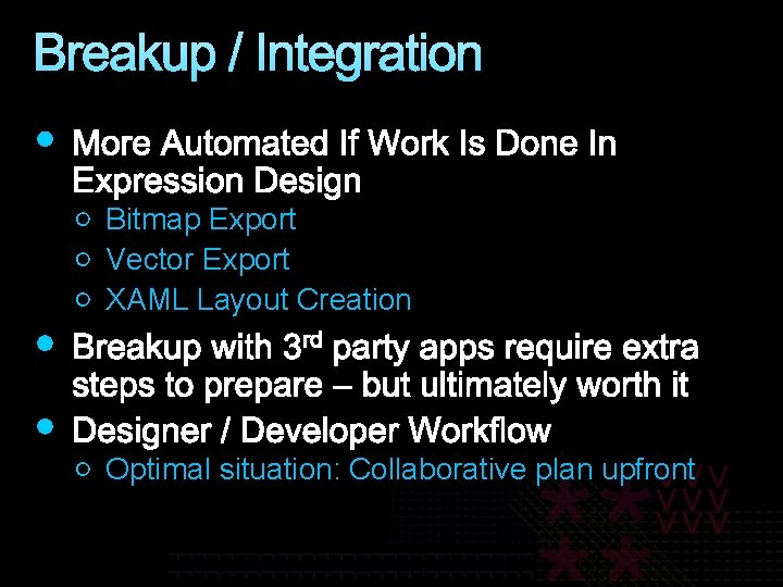 Breakup / Integration Bitmap Export Vector Export XAML Layout Creation Optimal situation: Collaborative plan
