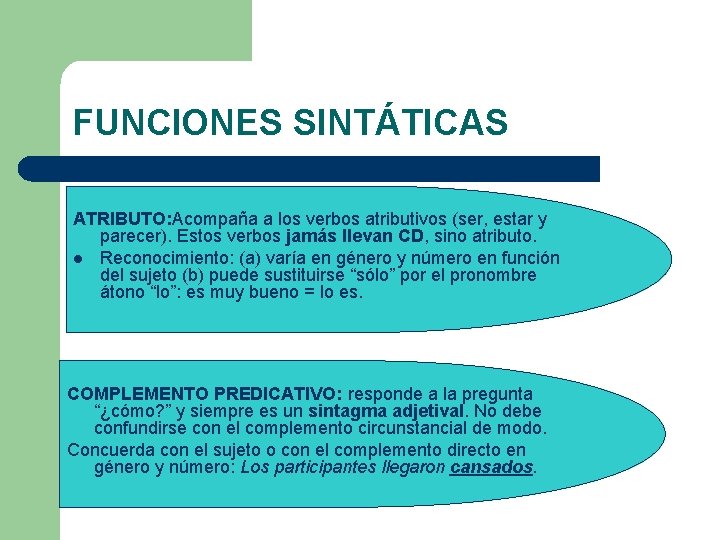 FUNCIONES SINTÁTICAS ATRIBUTO: Acompaña a los verbos atributivos (ser, estar y parecer). Estos verbos