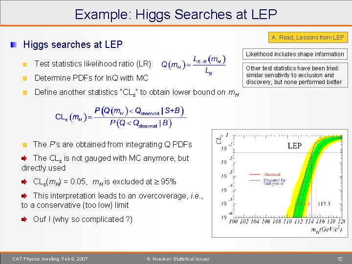 Example: Higgs Searches at LEP A. Read, Lessons from LEP Higgs searches at LEP