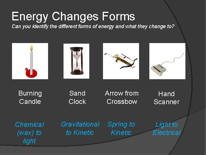 Energy Changes Forms Can you identify the different forms of energy and what they