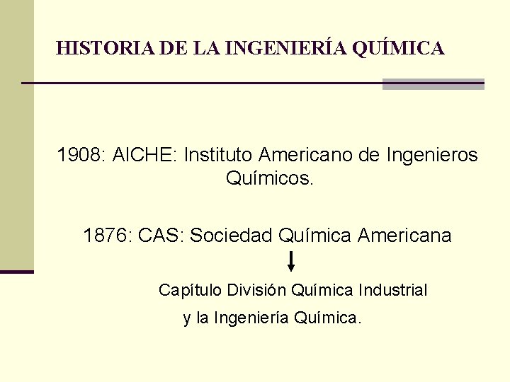 HISTORIA DE LA INGENIERÍA QUÍMICA 1908: AICHE: Instituto Americano de Ingenieros Químicos. 1876: CAS: